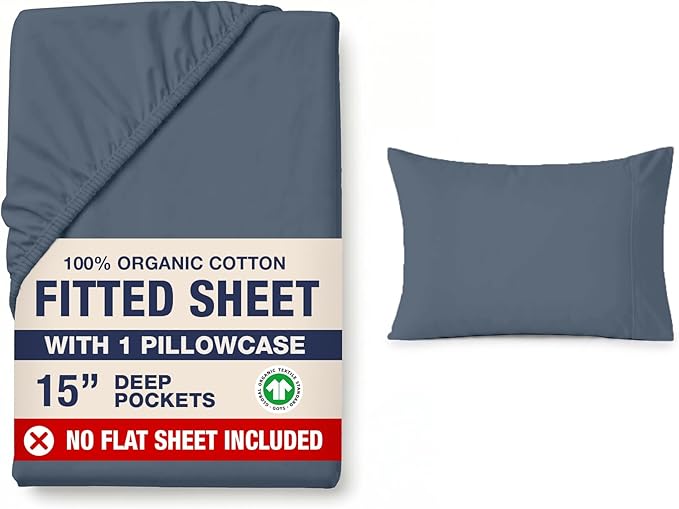 LANE LINEN Twin XL Fitted Sheet, 100% Organic Cotton 2-Piece Set (1 Fitted Sheet, 1 Pillowcase), Percale Weave, Soft, Breathable, Fits Mattress Upto 15" Deep - Estate Blue (No Flat Sheet)