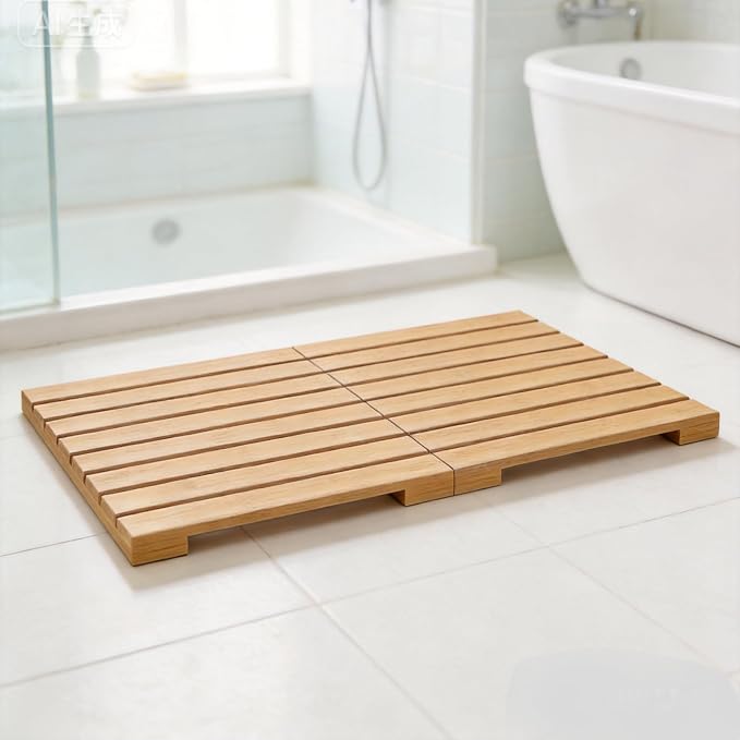 Bamboo Bath Mat for Bathroom Waterproof Foldable Shower Mat Non-Slip Quick Dry Bath Rug Heavy Duty Floor Mat for Shower Tub,Wood,L23.5''×W15.6''×H2''