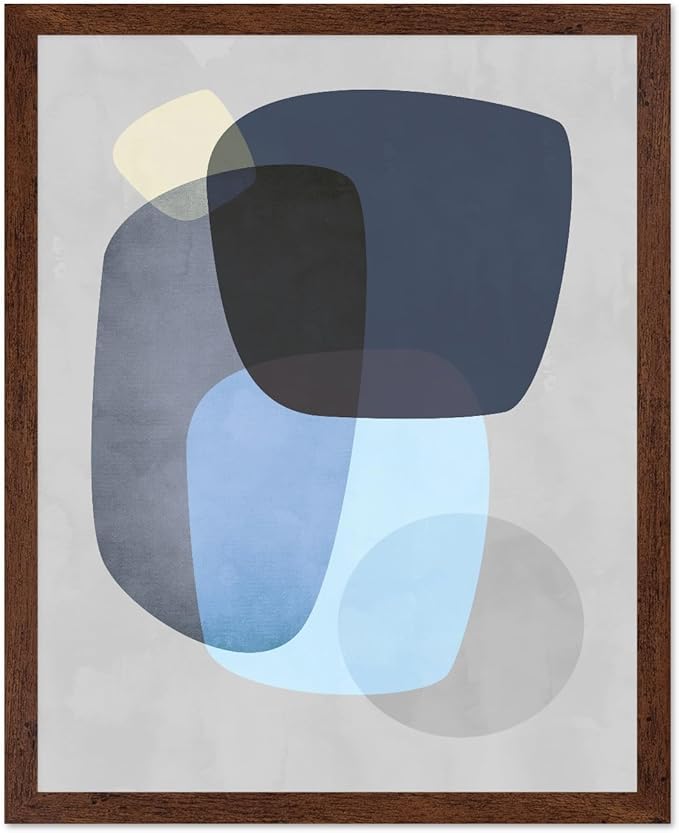 Monem Art Abstract Blue Shapes Print - Scandinavian Minimalist Art Poster - Wall Decor for Living Room, Bedroom or Office - 8x10 Brown Framed Wall Art by Mareike Bohmer