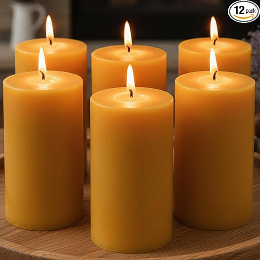 12 Pack Beeswax Pillar Candles, 420 Hours Long Burning Beeswax Candles,Unscented Bees Wax Candles Bulk for Home Paryer Party, Smokeless, Dripless