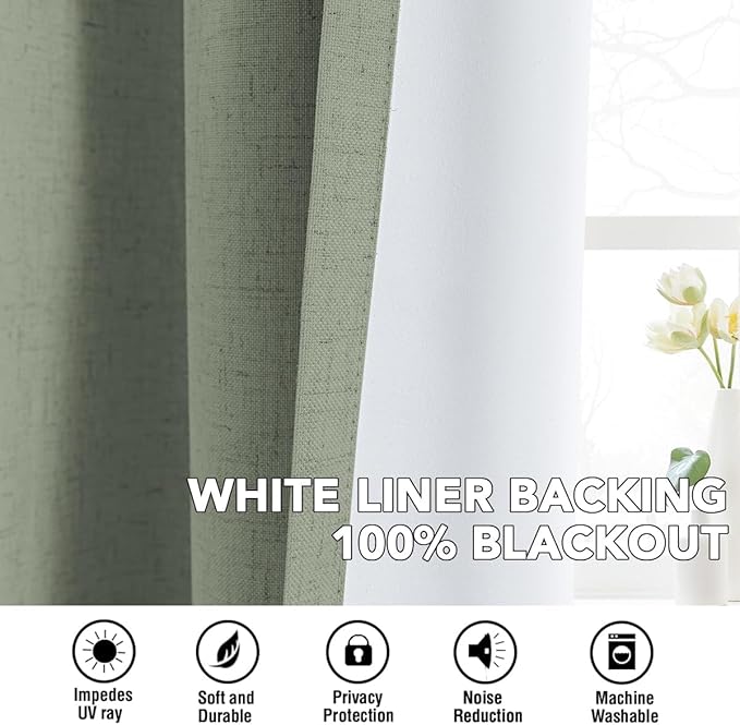 H.VERSAILTEX Linen Curtains 100% Blackout Curtains for Bedroom 120 inch Long Full Light Blocking Nature Linen Blended Window Curtains for Living Room Nickel Grommet (2 Panels, Heathered Dried Sage)