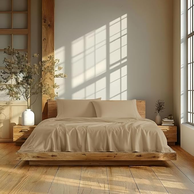 Linen Closet 4Pc 100% Organic Cotton King Size Sheets Set, Tan, 300 Thread Count, Naturally Derived EarthColors, Deep Pocket Fitted Sheet (Up to 18"), Soft Bed Sheets Set, Juego De Sábanas King