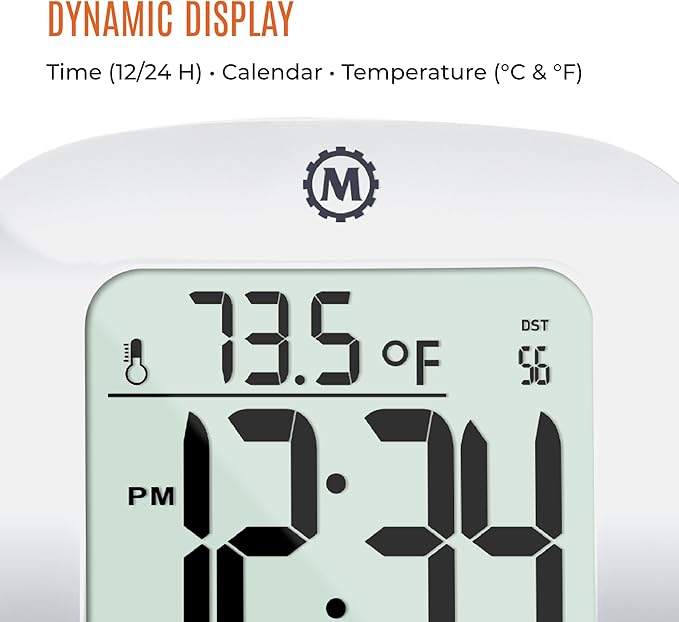 MARATHON Compact Alarm Clock with Temperature & Date, Silver - Large, Easy to Read Display with Backlight - Easy to Set Up & Use - Two AAA Batteries Included