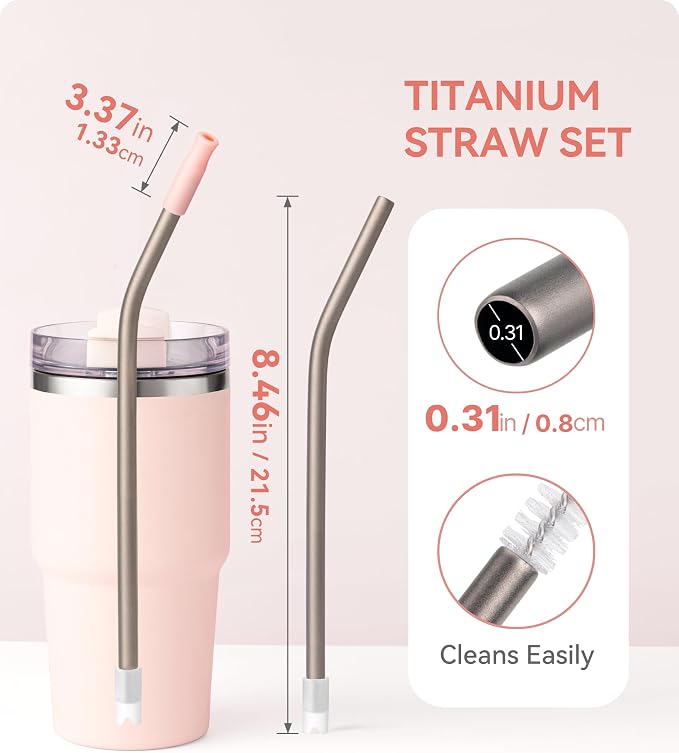 Heavy - Duty Titanium Straws 8.5" Reusable for 20 oz Tumlbers | Metal Drinking Straws for All Kinds of Hot & Cold Drinks, Eco Conscious, BPA Free with Cleaning Brush(Light Pink)