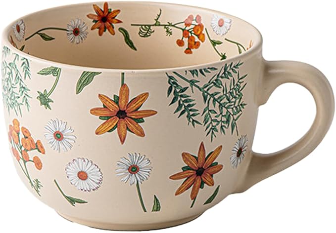 Ceramic Mugs for Men & Women, Unique Microwave & Dishwasher Safe Tea/Coffee Rustic Stoneware Cups for Office & Home (Graceful Bloom Breakfast Mug)