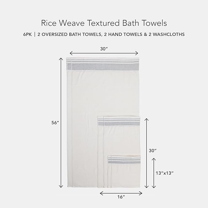 Texere 100% Organic Cotton Rice Weave Jacquard 700 GSM Luxury Bath Towel Sets - 2 Large Bath Towels, 2 Hand Towels, 2 Washcloths (Rice Weave, Cream w/Blk, 6 Piece)