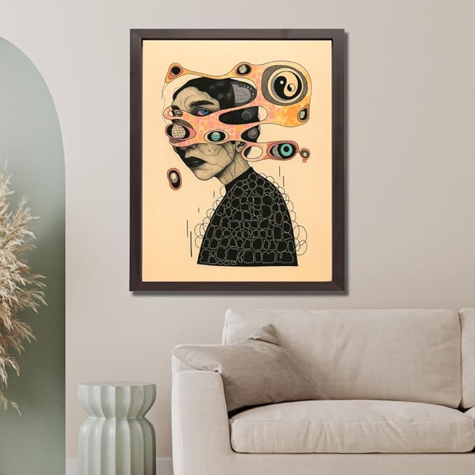 InkFlow Posters Surreal Abstract Portrait Poster - Creative Line Art with Bold Eyes and Geometric Patterns - Modern Graphic Print for Living Room, Bedroom, Office - 18x24 Unframed Canvas Print