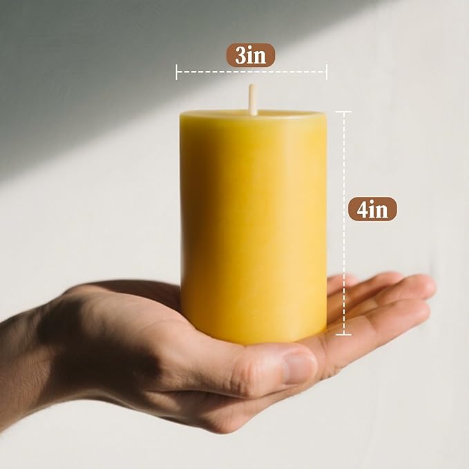 6 Pack Beeswax Pillar Candles, 360 Hours 3x4in Beeswax Pillar Candle Pure Natural Bee Wax Candle for Home, Emergency, Relax, Dripless & Smokeless