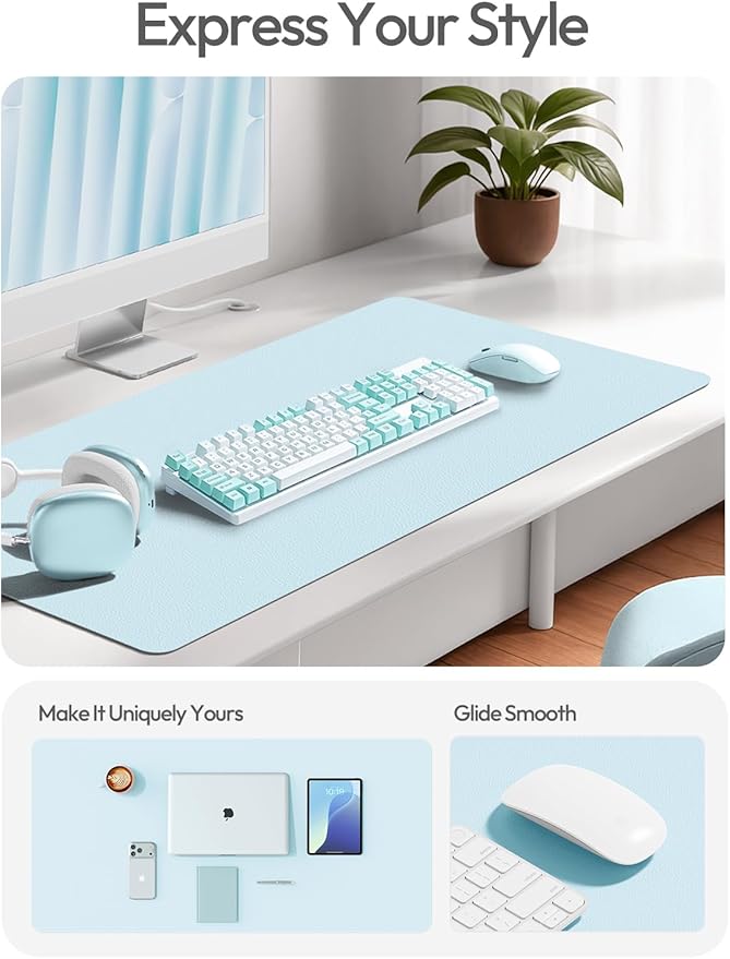YSAGi Leather Desk Protector, Office Mat, Large Mouse Mat, Non-Slip PU Leather Blotter, Laptop Desk Mat, Waterproof Writing Pad for Office and Home(Baby Blue, 40" x 24")
