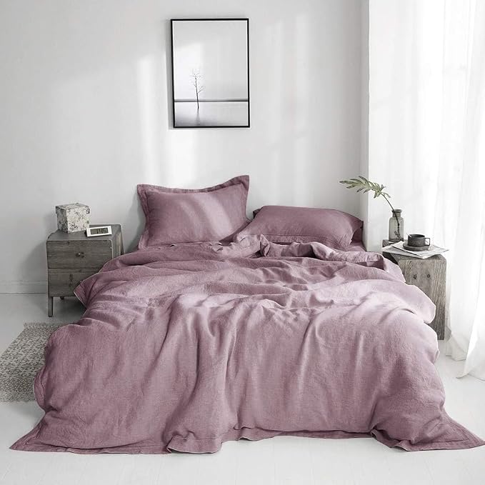 Simple&Opulence 100% Washed Linen Duvet Cover with Embroidered, 3 Pieces Soft Farmhouse Comforter Set with Button Closure,1 Duvet Cover and 2 Pillowshams(King,Purple)