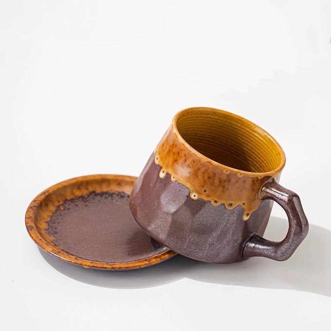10oz Vintage Retro Handmade Ceramic Cappuccino Cup with Saucer –Small Rustic Stoneware tea cup and saucer, Lead-Free Latte Art Mug,Handmade mug with saucer set, Microwave safe, Brown