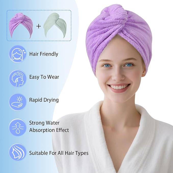 Microfiber Hair Drying Towel Wrap for Women, Hair Turbans Towel for Wet Hair,turbie Twist Hair Towels(The Color of the Picture is for Reference only) (Purple,Light Green)