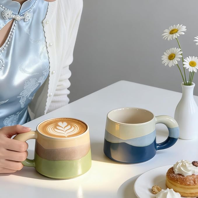 10.8 oz Kiln Change Ceramic Coffee Mug with Handle, Gradient Color Reusable Coffee Cup, Dishwasher & Microwave Safe, Lead-Free, Durable for Office Home Daily Use (R Blue)