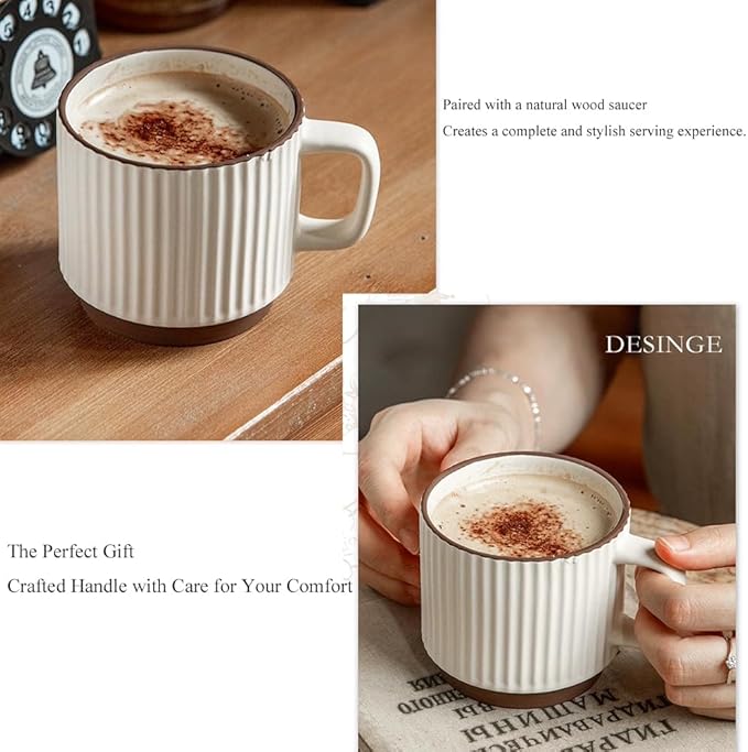 Artisanal Ceramic Mug & Walnut Saucer Set for Coffee Latte, Cappuccino Espresso Tea - 8.3oz/250ml Textured Coffee Cup with Wood Saucer, Dishwasher & Microwave Safe Gift