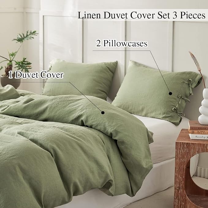 Simple&Opulence 100% Linen Duvet Cover Set 3pcs with Bowknot Ties Closure Natural French Washed Flax Solid Color Soft Breathable Farmhouse Bedding - Sage Green, King Size