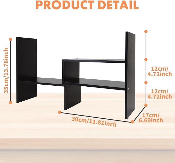 PowerKing Wood Desktop Organizer, Adjustable Display Shelf Rack for Home Office Desktop Storage Supplies Organization (Black Walnut)