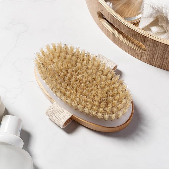 Natural Bristles Wooden Dry/Wet Body Brush, 5x2.8 Handheld Bath & Shower Body Exfoliating Brush Scrubber, Good for Lymphatic Drainage, Detox, Cellulite and Blood Circulation.
