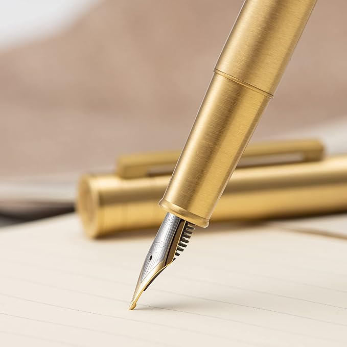 HONG DIAN 1861 Fountain Pen, Long Blade Nib, Raw Brass Design with Converter and Metal Pen Case Set