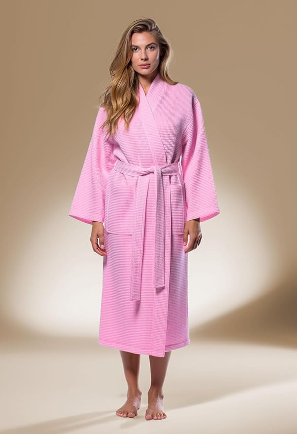 Turquaz Lightweight Waffle Knit Kimono Bathrobe - Soft Cotton Blend Spa Robe, Fast-Drying Full-Length Unisex Robes for Women