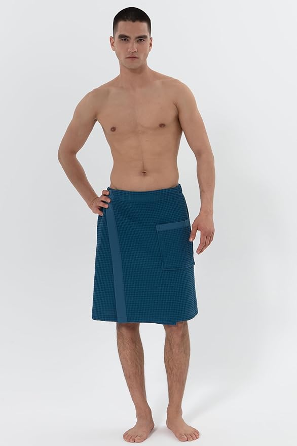 SEYANTE Men's Organic Waffle Spa Wrap – GOTS Certified 100% Turkish Cotton, Adjustable Closure, Same-Color Piping