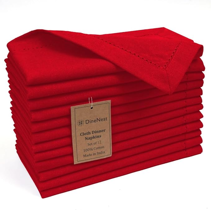Hemstitch Cloth Dinner Napkins 100% Cotton Set of 12 - for Dining Special Occasions Weddings Parties Holidays Easter - Soft Durable Reusable - Elegant 18x18 Inch Table Cloth Napkins Red