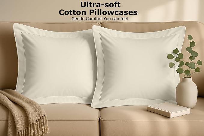 2 Pack Euro Pillow Shams 26x26 – 600 Thread Count 100% Organic Cotton Ivory Square Pillow Covers with 2 Inch Flange, Soft & Smooth Premium Hotel-Quality Pillowcases Set of 2