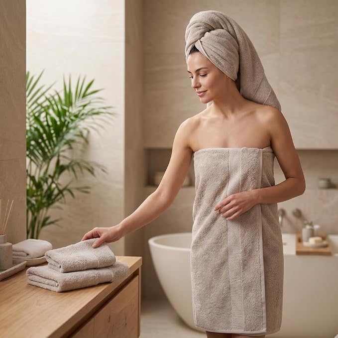 Maisonette Elegance 100% Organic Cotton Turkish Bathroom Towels Set, Ideal Quick Dry Luxury Washcloths, Hand & Large Luxury Bath Towels for Shower (6 Pack), Light Brown (Dune)