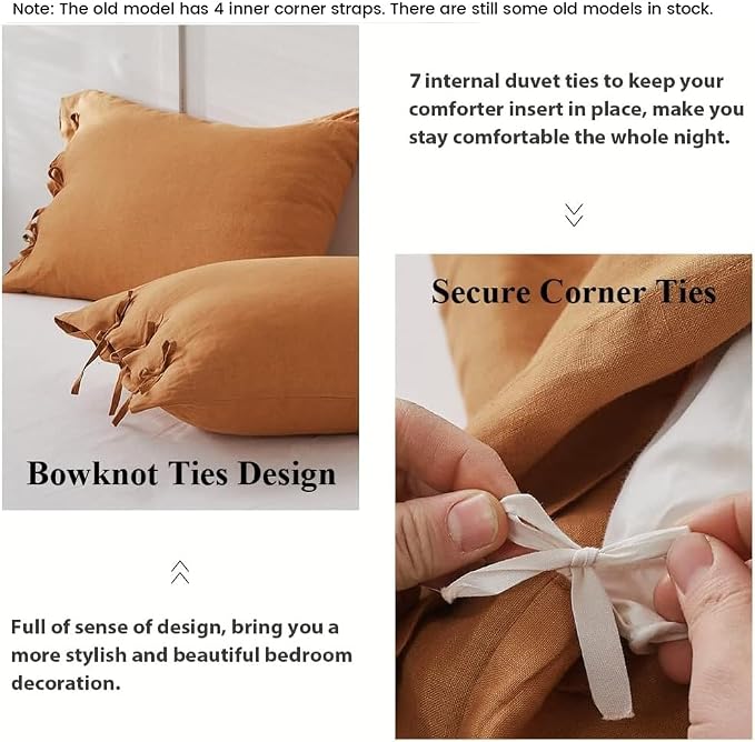 Simple&Opulence 100% Linen Duvet Cover Set 3pcs with Bowknot Ties Closure Natural French Washed Flax Solid Color Soft Breathable Farmhouse Bedding - Rust, King Size