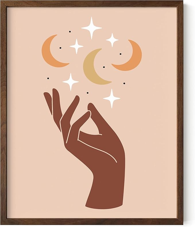 Mystical Hand Wall Art Celestial Moon and Stars Print Earth Tones Terracotta Mid Century Modern 8x10 Inch Oak Wood Walnut Framed Spiritual Decor for Bedroom