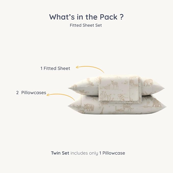 MakeMake Organics Organic Full Fitted Sheet Set GOTS Certified Organic Cotton Fitted Sheet with Pillowcase Ultra Soft Non Toxic Breathable Hypoallergenic Animals Theme Room (Full, Safari)
