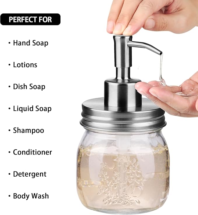 Amolliar 10 OZ Mason Jar Liquid Soap Dispenser, Stainless Steel Pump, Cute Farmhouse Decor for Kitchen, Refillable Hand Soap Dispenser, Silver 1 Pack With Amber Glass Qtip Holder, Apothecary Jar 2Pack