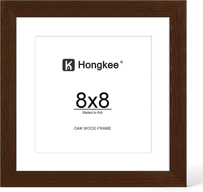 Hongkee 8x8 Oak Wood Picture Frame 1 Pack(Matted 6x6) with Real Glass Cover | Walnut, 8 x 8 Solid Wood Frame for Wall or Tabletop Display - Includes Easel Back, Vertical Hang - Ideal for Home, Office