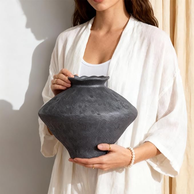 Wabi Sabi Vase, 11.5" Wabi Sabi Decor Rustic Vase, Black Ceramic Vase for Centerpiece, Vintage Farmhouse Decor for Home Decorative, Table, Living Room, Bedroom, Bathroom, Kitchen