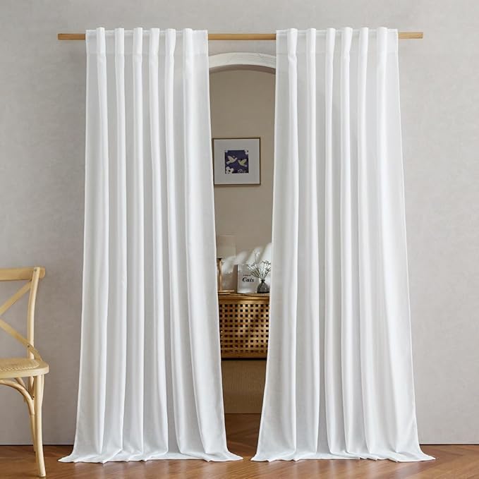 NICETOWN White Linen Curtains for Bedroom, Rod Pocket & Back Tab Thick Flax Window Treatments Privacy Assured with Light Filtering for Kids Room/Living Room, W55 x L84, 2 Pieces