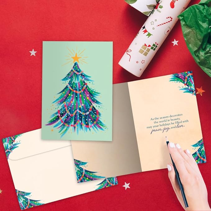 Tree-Free Greetings - Season's Greeting Card - Artful Designs - 1 Card + Matching Envelopes - Made in USA - 100% Recycled Paper - 5 x 7 - Green Tree (VO80705)