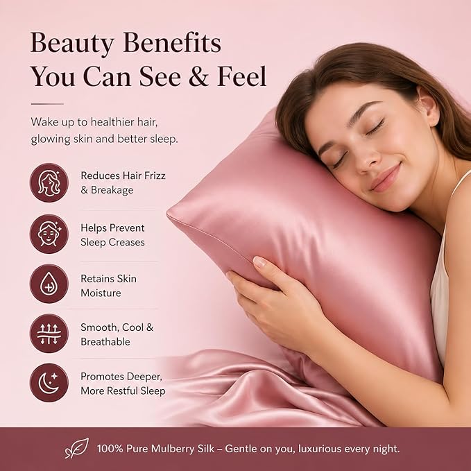 Premium Natural Mulberry Silk Pillowcase for Sleeping Women Made in USA, 22 Momme Pure Silk Pillow Cases with Zipper Standard Size, Oeko-TEX Certified, 1 Pc 20"x26" (Standard, Dusty Rose)