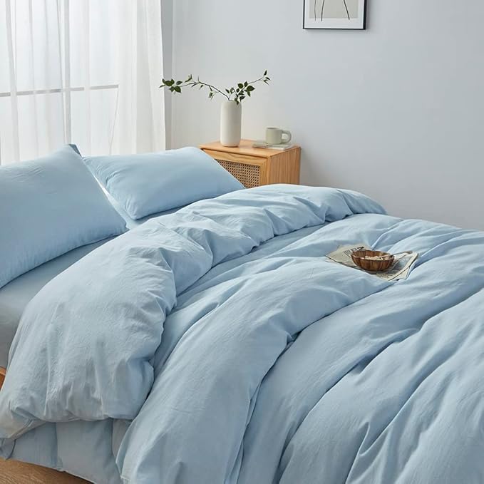 FACE TWO FACE Bedding Duvet Cover Set100% Washed Cotton Duvet Cover Linen Like Textured Breathable Durable Soft Comfy (California King,Light Cyan)