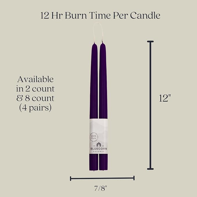 Bluecorn Beeswax Taper Candles, 100% Pure Natural Bees Wax, Pair of 12 Inch Purple Tapered Candlesticks, Clean Burning & Dripless, Fragrance Free, Long Lasting, Home Decor, American Made, 1 Count