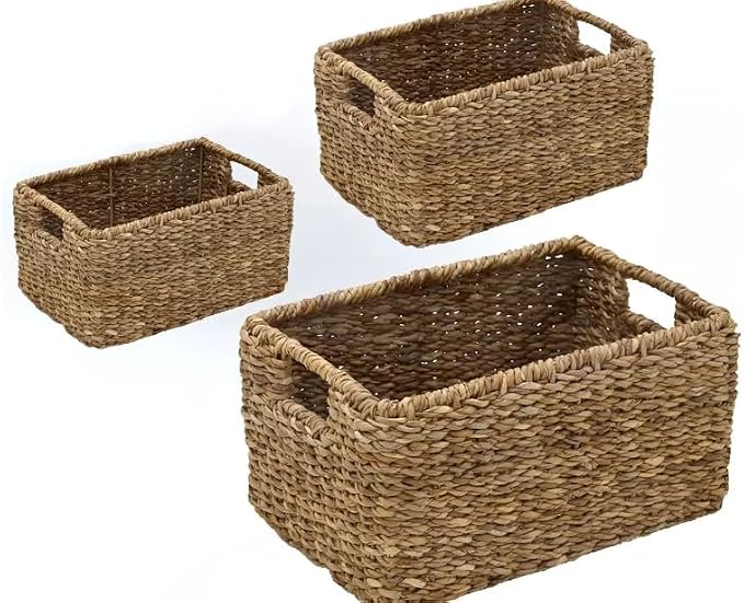 3 Pack Natural Seagrass Woven Storage Baskets Woven Rectangular Organizer Set With Handles Decorative Wicker Bins For Shelves Bathroom Bedroom Living Room Home Decor Rustic Beige