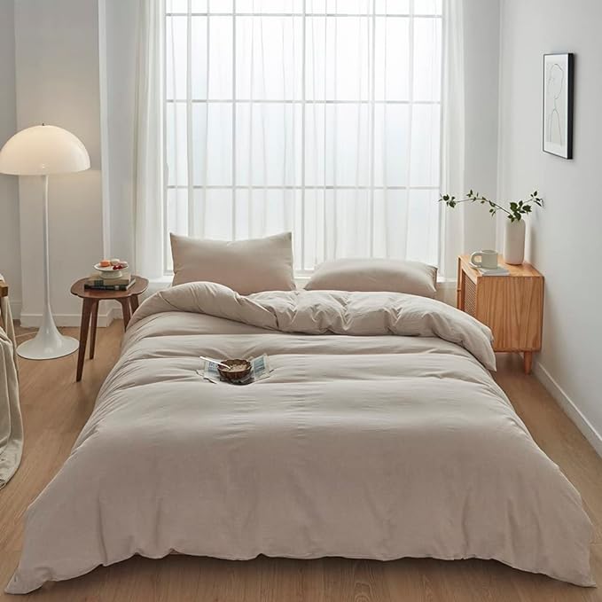 FACE TWO FACE Bedding Duvet Cover Set100% Washed Cotton Duvet Cover Linen Like Textured Breathable Durable Soft Comfy (Queen, Tannish Linen Grey)