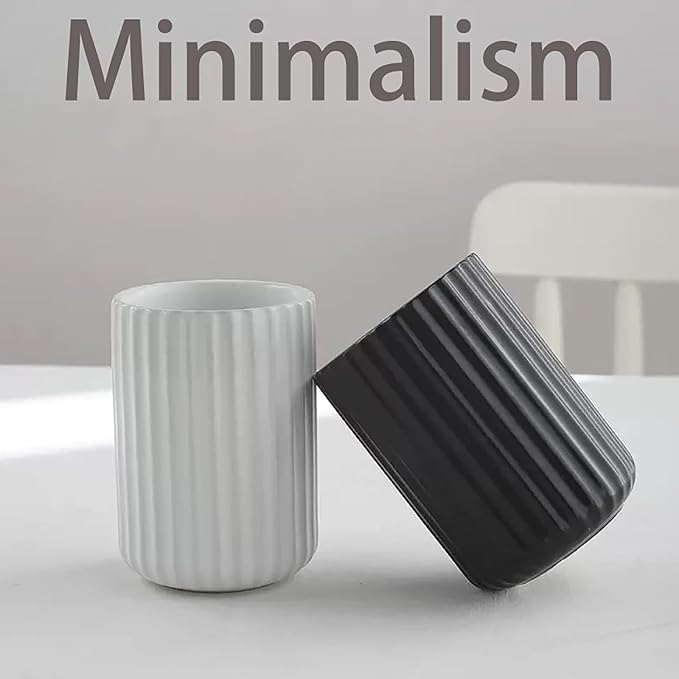Nordic Ceramic Mug, Japanese Tea Cup 10oz Striped Cup No Handle Drinking Cup for Latte Milk Water Beverage Juice Microwave and Dishwasher Safe (Matte White)