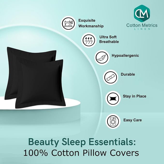 2 Pack Euro Pillow Shams 24x24 – 600 Thread Count 100% Organic Cotton Black Square Pillow Covers with 2 Inch Flange, Soft & Smooth Premium Hotel-Quality Pillowcases Set of 2