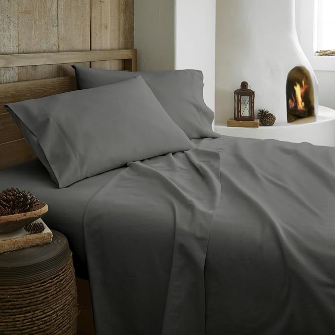 100% Organic Flannel Sheets Queen Size - GOTS Certified 100% Cotton Flannel Sheets Set with Comfortable Soft Brushed Finish & Deep Pocket - 1 Flat 1 Fitted & 2 Pillowcases (Dark Gray, Queen)