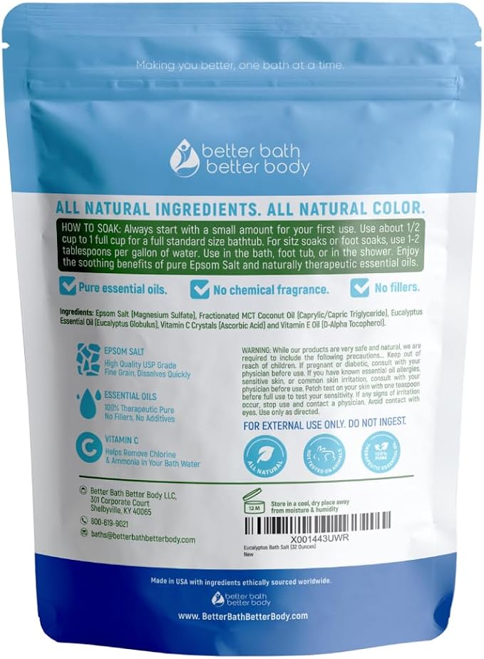 Eucalyptus Bath Salt 32 Ounces Epsom Salt with Natural Eucalyptus Essential Oil Plus Vitamin C in BPA Free Pouch with Easy Press-Lock Seal