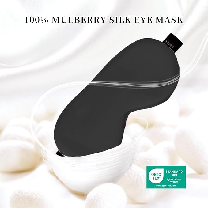 THXSILK 100% Pure 19 Momme Mulberry Silk Sleep Eye Mask Super Smooth Cooling Blackout for Women/Man/Kids Eye Cover with Wide Head Strap Good Night Sleep Comfortable Travel and Nap, Black