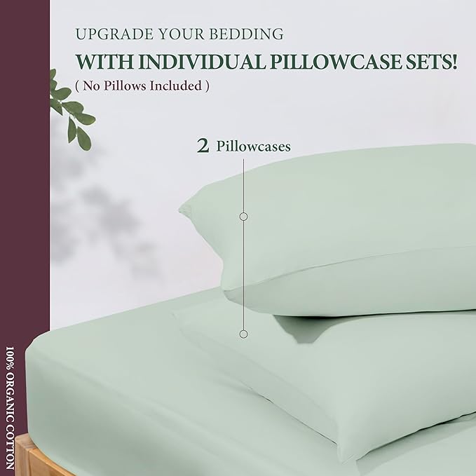 100% Organic Cotton Pillow Cases King Size Set of 2 - Organic Cotton Percale Weave Pillowcases King Size (Sea Foam), Soft, Cooling, Crisp & Breathable Percale Pillow Covers