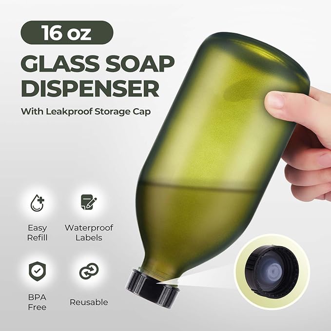 16 oz Frosted Green Glass Soap Dispenser with Pump, Glass Pump Bottle for Lotion Body Oil, 500ml Hand and Dish Soap Dispensers Set with Storage Caps, Labels - 2 Pack