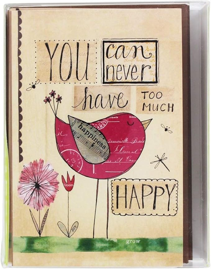 Tree-Free Greetings Never Too Happy All Occasion Cards - 12 Recycled 4x6 Notecards & White Envelopes, Thick Cardstock, Made in USA - Whimsical Bird Collage