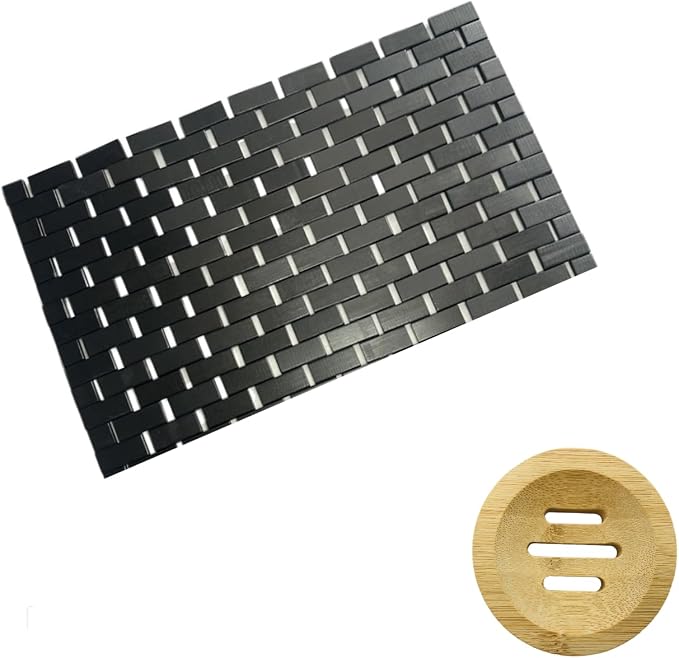 Bamboo Bath Mat Black 24 x 16 Inches and Soap Dish Set Bathroom Rugs Non Slip Washable Bamboo Shower Mat Bathtub Mat Non Slip for Kitchen Sauna Spa Hot Tub Outdoor Bathroom Décor