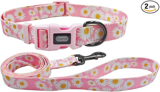 Dog Collar Leash Set, Floral Pattern, Polyester Material, Adjustable Collar and 5ft Matchcing Leash, for Puppy Dogs.(XS, Light Pink Daisy)